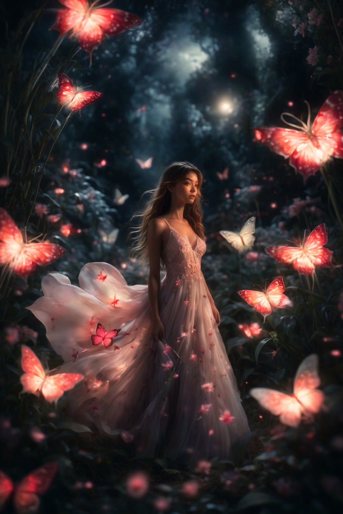 1girl, full body, high detailed, ultra realistic,  Bathed in ethereal moonlight, a figure stands amidst a field of spider lilies, their crimson whispers echoing the sorrow in their eyes. Butterflies, fragile yet determined, flutter around them, drawn to the moonlit beauty and silent lament. (Focus on melancholic ambiance, contrasting colors, and the butterfly's symbolic hope), Movie Still,Amethyst 