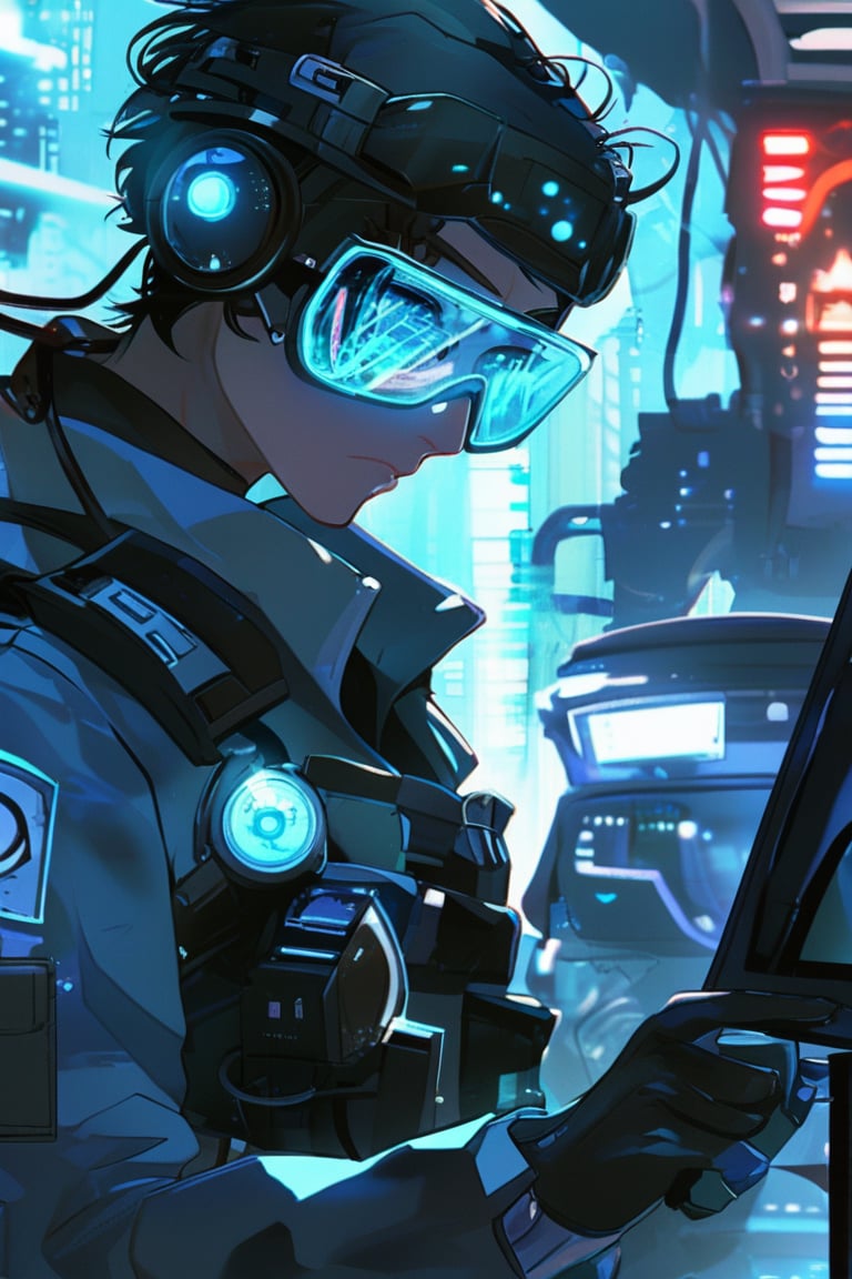 A high-tech police investigator at a crime scene in a futuristic city. They use advanced forensic tools and augmented reality glasses to gather evidence and reconstruct events. The investigator's cybernetic eye scans for hidden clues. Anime style