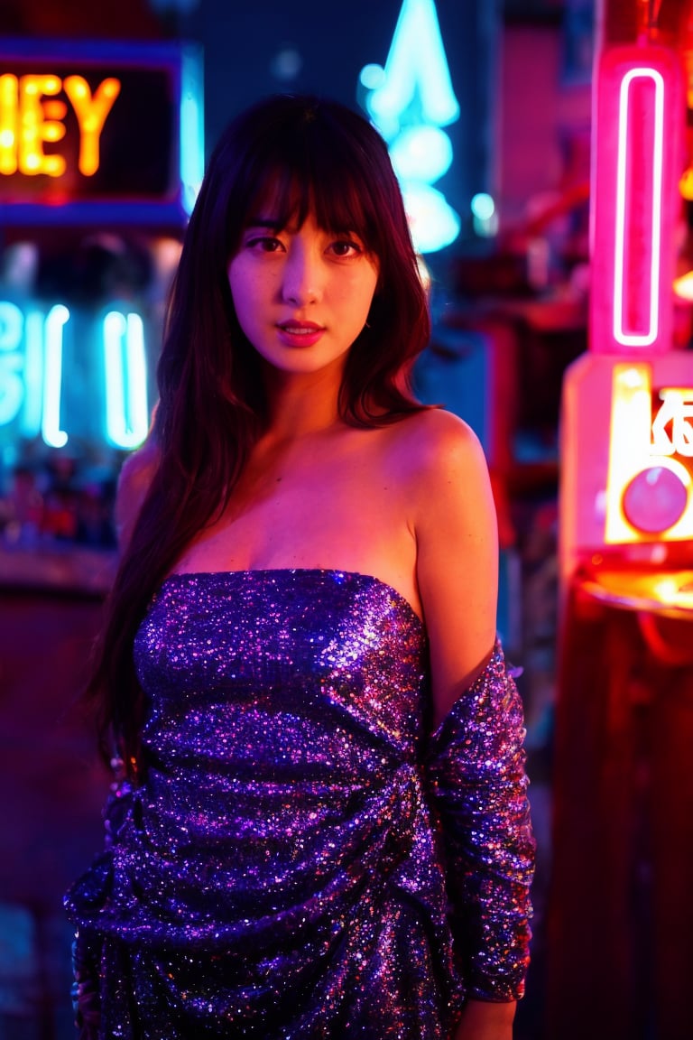 A sultry beauty with luscious brown hair and straight bangs stands out against a kaleidoscope of vibrant neon lights. She wears the Kakaco Sequins Tube Top, its sequins catching the soft glow of the blue and red lights surrounding her. The blurred neon signs in the background create a dynamic urban setting. Her dreamy expression is illuminated by the subtle neon light, which adds a touch of mystery to her calm demeanor. The shallow depth of field focuses on her radiant face, while the reflections of the neon lights add layers of depth and visual interest. This stunning image blends urban energy with serene beauty, making it a perfect magazine cover.