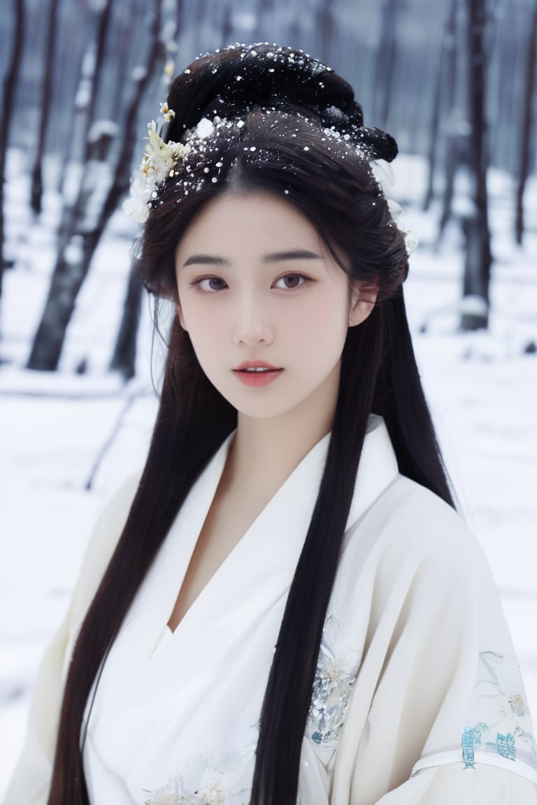 A 23-year-old Taiwanese beauty with long hair, perfect body proportions, naturally large breasts, natural makeup, and a noble and elegant temperament. She is wearing a gorgeous white Hanfu is watching the snow scene. solo, model pose.