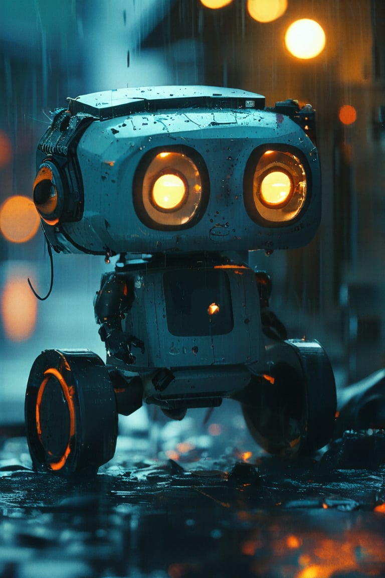 Small robot, cute robot, rectangular body, treaded wheels, compact head, expressive binocular-like eyes, sad and curious appearance, heartbreaking, cute, heavy rain, very sad, lonely, lost place, cyberpunk, desaturated, vibrant colors, dramatic lighting, desaturated background, bokeh, dark theme, soothing tones, depth of field, dramatic backlighting, film grain,