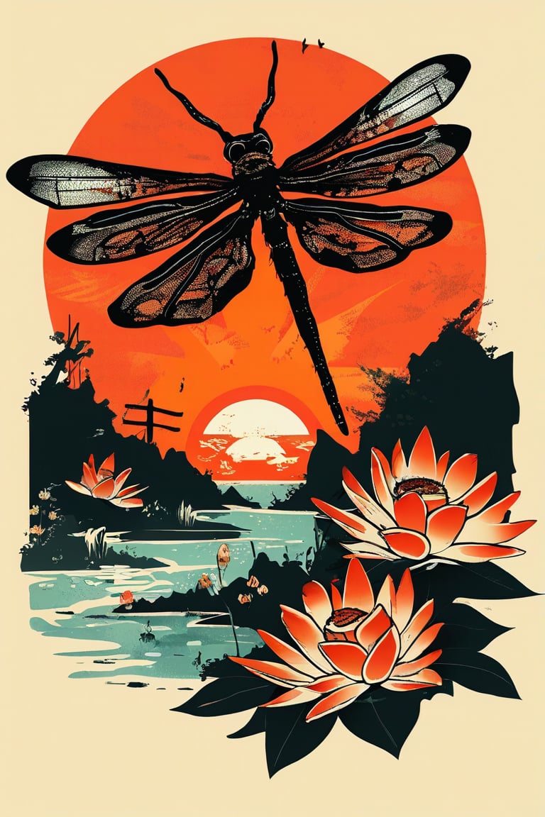 A vintage t-shirt design with retro-inspired typography surrounding a sumi-e ink illustration of a dragonfly hovering over a pond, with lotus flowers, incorporating Japanese calligraphy, black background, colorful shades, highly detailed, vector image, vibrant and clean, with a sunset backdrop, photorealistic style, flat design.