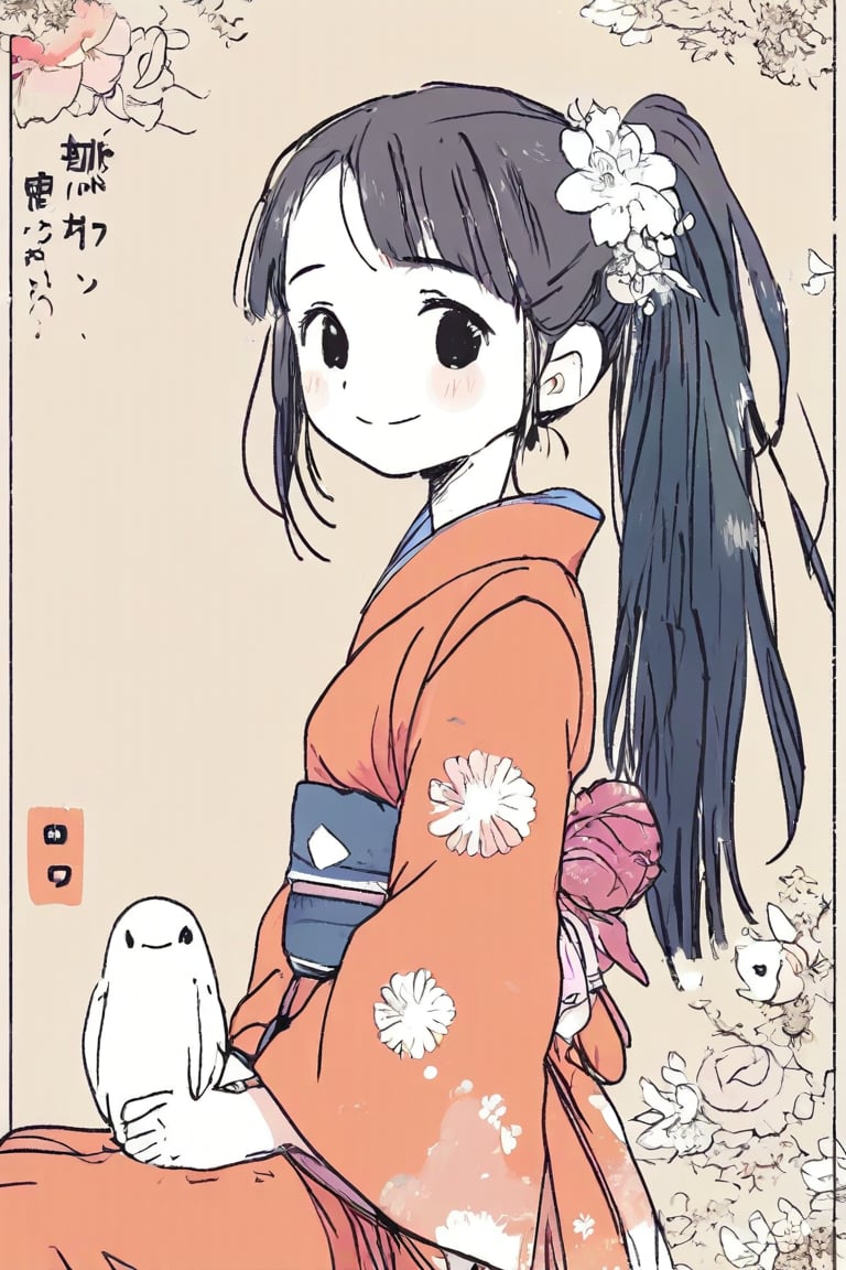 One girl, simple background, gold folding screen-style background, Japanese style, solo, smiling, blushing, long hair, hair ornament, long sleeves, sitting, brown eyes, flowers, black hair, Japanese clothes, hair ornament, wide sleeves, kimono, from the side, profile, animals, floral pattern, ponytail, white flowers, chrysanthemum flowers, fish, goldfish, black kimono,Anime style,kawaii,1girl,vspop,anime