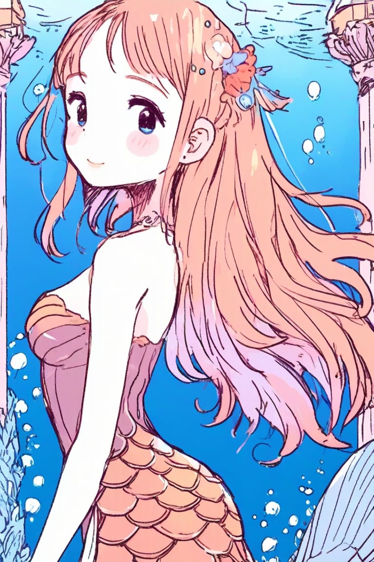 1girl, anime, mermaid, underwater palace, flowing hair