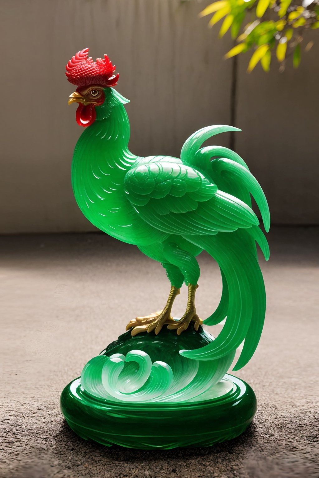 a transparent-jadecarvingcd statue of a rooster, solo, no humans, high quality, masterpiece, realistic, photorealistic, long-focus, outdoors