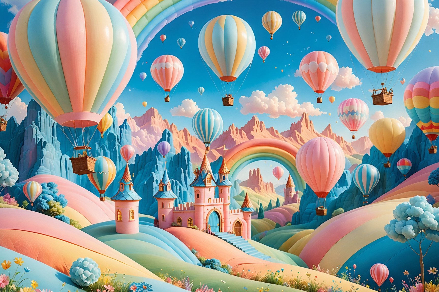 A whimsical, pastel-tinged tableau unfurls, set against a soft peach backdrop. Delicate hot air balloons in pink, blue, and yellow hues float effortlessly, their gentle sway underscored by the wispy white clouds drifting above. A majestic rainbow arches majestically from the ground, its vibrant colors illuminating the scene. Golden, textured hills surround the rainbow's grandeur, creating a sense of depth and dimensionality. The entire composition is rendered in 3D, sculpted style, imbuing the whimsical landscape with a playful, dreamy quality.