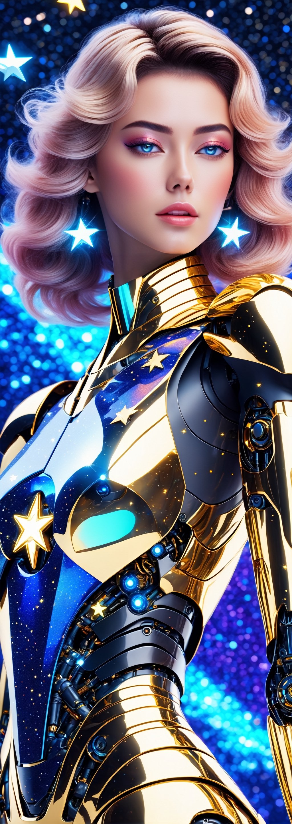 a beautiful robot woman, feminine look, slim fit figure, retro like, octane rendered 4k, hyperrealism, highly detailed, futuristic look, cinema 4k, lots of details, blue and glitter background with stars, epic look, hajime sorayama look