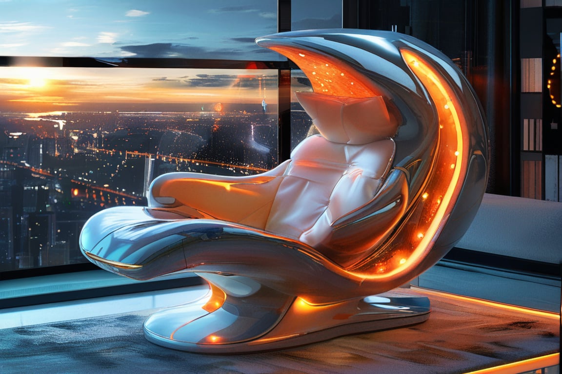 masterpiece, top quality, best quality, official art, beautiful and aesthetic, extreme detailed, a zero-gravity chair with sleek, transparent materials and glowing edges, minimalist design, set in a futuristic living room with panoramic cityscape views