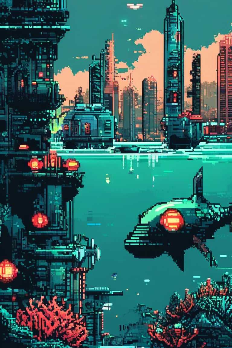 Pixel art, highly detailed, muted colors, an underwater city with bioluminescent plants, futuristic submarines gliding through the water, domed habitats for humans, and a massive aquatic creature swimming in the distance.