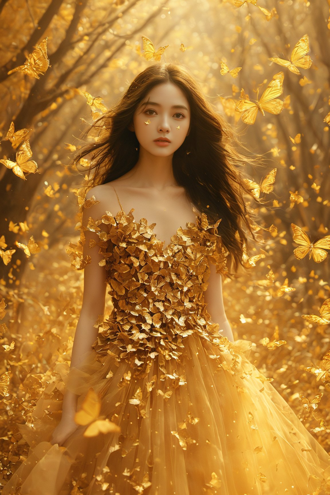 A young woman surrounded by a myriad of golden butterflies. She has long, dark hair and is adorned with a golden dress that seems to be made of butterfly wings. The background is filled with a golden hue, possibly suggesting a sunset or a magical forest. The butterflies are scattered around her, some resting on her dress and others in flight. The overall ambiance of the image is ethereal and dreamy.,xxmixgirl