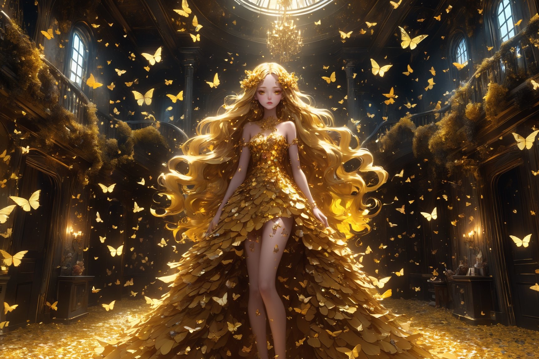 long huge flowing gold hair, yellow eyes. dressed in a cosmic dress made of butterflies. standing in a room made of butterflies. Stylish. Cute, hot, shiny. highly detailed, uhd anime wallpaper, digital cel animation