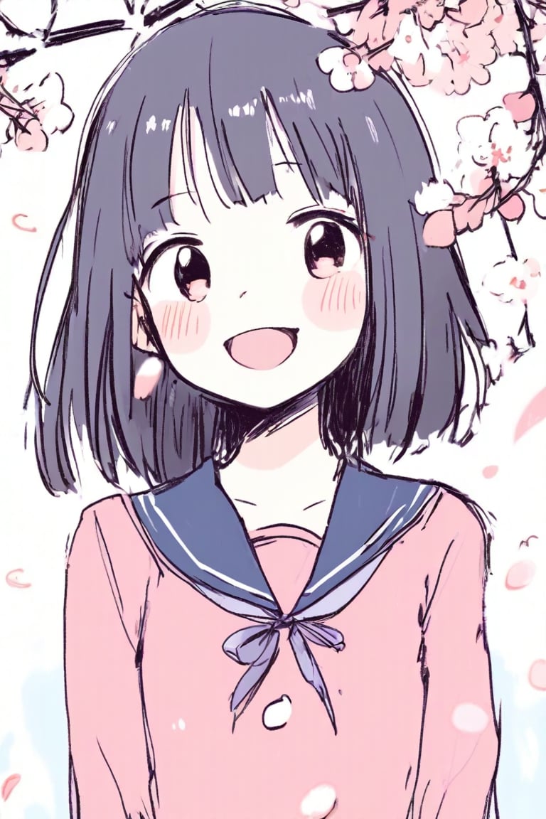 1girl, anime, school uniform, sakura petals, bright smile