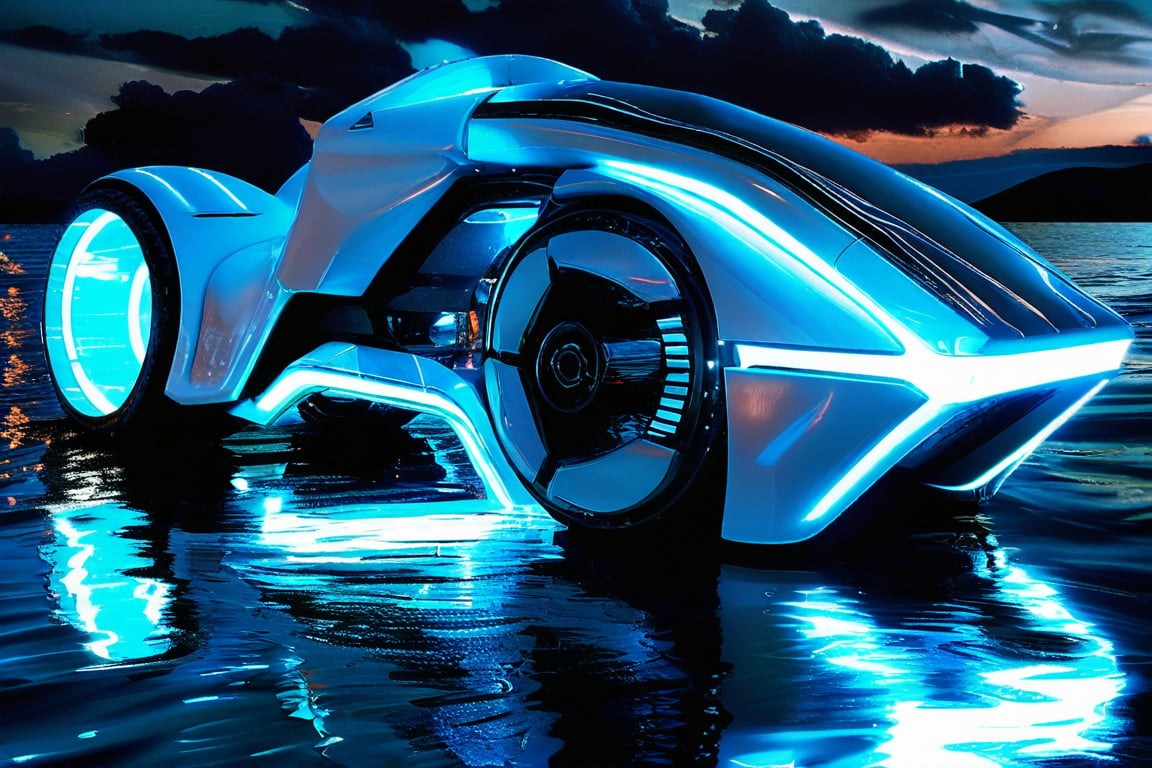 photorealistic image, masterpiece, high quality 8K, of a futuristic ((sci-fi large super motocycle), (((submerged in the sea))), Tron legacy, white and blue neon lights, good lighting, at night, sharp focus