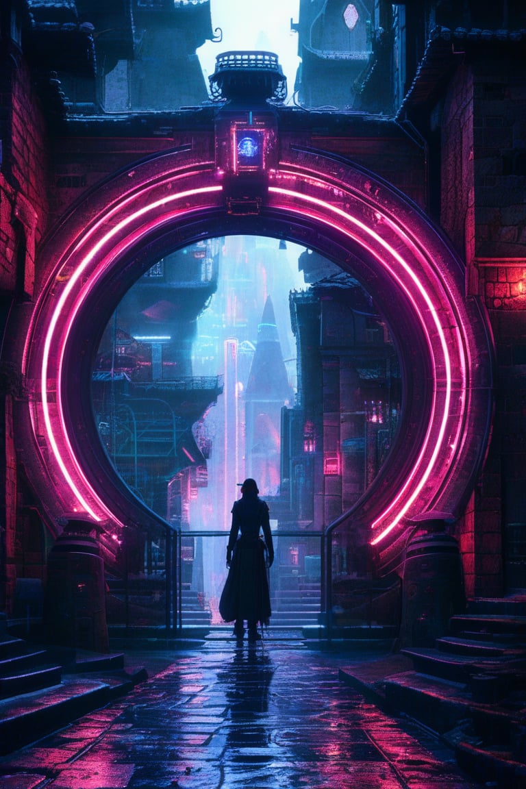 (photo), a cyberpunk world is connected to a medieval world via a portal, absurdres