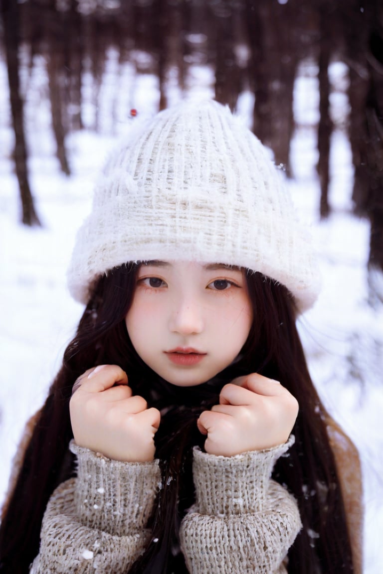 masterpiece, best quality, raw photo, realistic, adult girl, looking at viewer, supporting head on two hands, long hair, sweater, sweater hat, extremely beautiful detailed face, best shadow, medium breasts, (cute face, temptations look), snowing, snowing background, (sepia photography), (professional photo, balanced photo, high contract exposure)