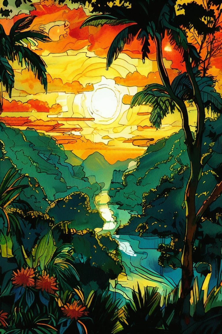 A tranquil scene of the Amazon Rainforest at sunrise, with dense greenery and vibrant wildlife awakening under the early morning light, in the style of Vincent van Gogh, using a vibrant color palette of deep greens, warm oranges, and soft yellows with swirling, textured brushstrokes. Artists: Vincent van Gogh, Tarsila do Amaral, Candido Portinari.