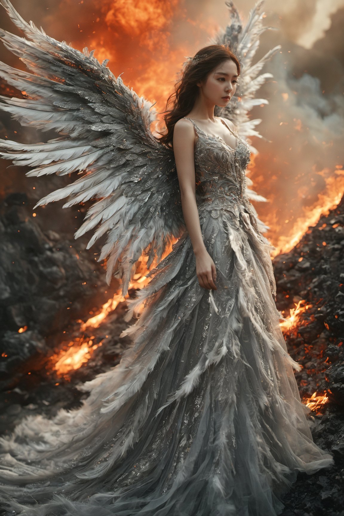 A woman with large, intricately designed wings standing amidst a fiery backdrop. She wears a flowing, silver-gray gown adorned with sparkling embellishments. The gown cascades around her in layers, giving it a ethereal appearance. Her hair is long and dark, and she has a serene expression on her face. The wings are predominantly white with hints of gray, and they appear to be made of feathers. The fiery background suggests a scene of destruction or a cataclysmic event, contrasting with the woman's calm demeanor.