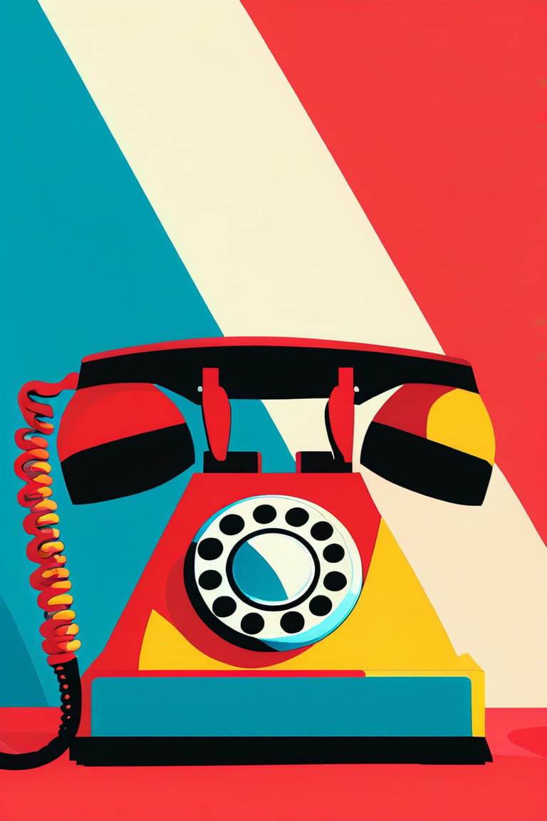 A flat design illustration of a vintage telephone, with vibrant and contrasting colors. The style is clean and modern, featuring simple geometric forms, limited shading, and a balanced composition. The colors are bold and dynamic, giving a fresh and retro-futuristic look.