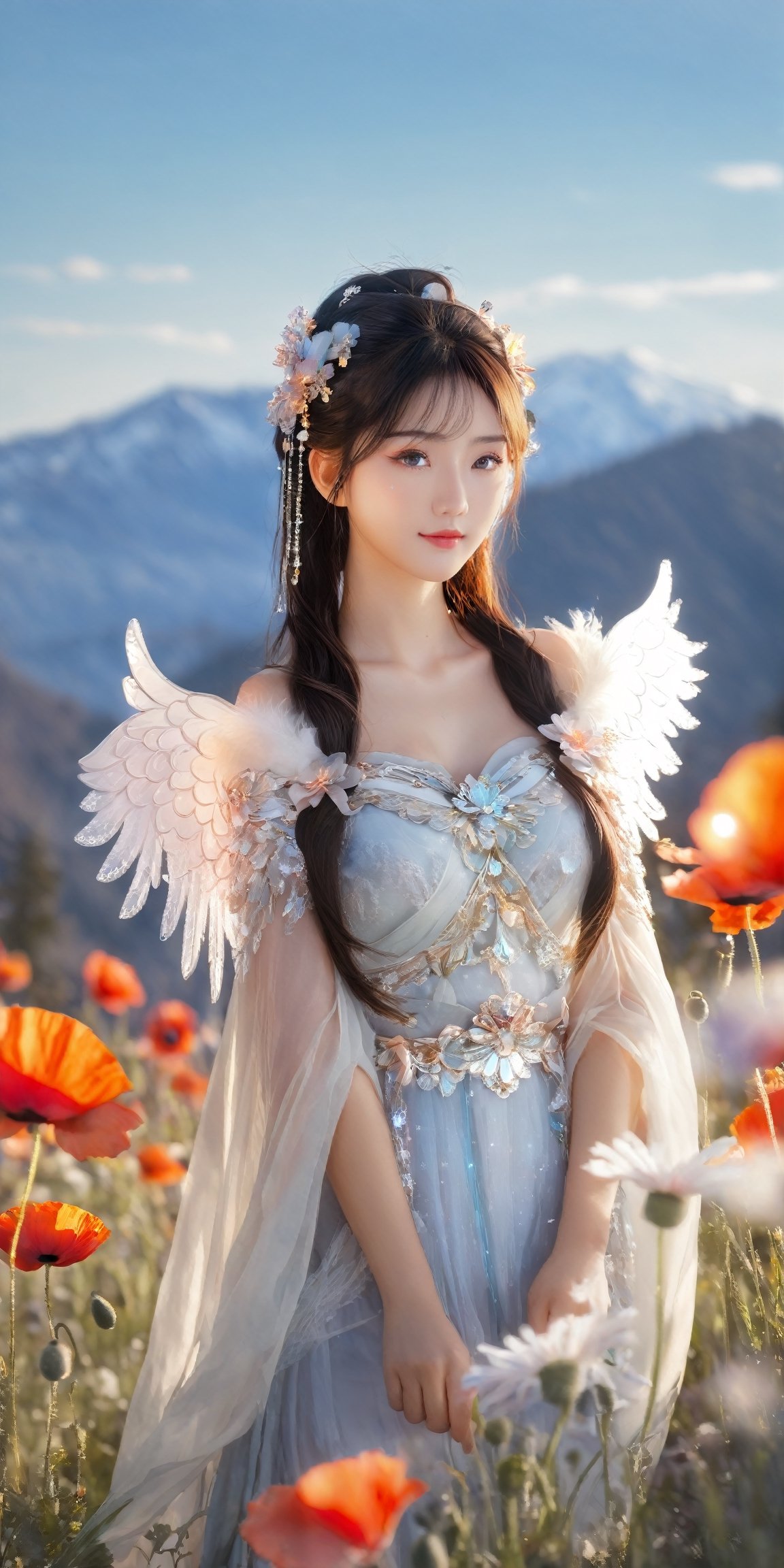 masterpiece,{{{best quality}}},(illustration)),{{{extremely detailed CG unity 8k wallpaper}}},game_cg,(({{1girl}})),{solo}, (beautiful detailed eyes),((shine eyes)),goddess,fluffy hair,messy_hair,ribbons,hair_bow,{flowing hair}, (glossy hair), (Silky hair),((white stockings)),(((gorgeous crystal armor))),cold smile,stare,cape,(((crystal wings))),((grand feathers)),((altocumulus)),(clear_sky),(snow mountain),((flowery flowers)),{(flowery bubbles)},{{cloud map plane}},({(crystal)}),crystal poppies,({lacy}) ({{misty}}),(posing sketch),(Brilliant light),cinematic lighting,((thick_coating)),(glass tint),(watercolor),(Ambient light),long_focus,(Colorful blisters),ukiyoe style