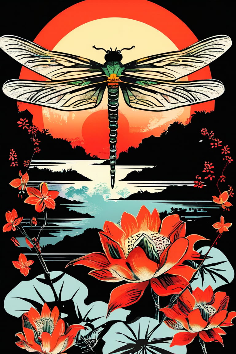 A vintage t-shirt design with retro-inspired typography surrounding a sumi-e ink illustration of a dragonfly hovering over a pond, with lotus flowers, incorporating Japanese calligraphy, black background, colorful shades, highly detailed, vector image, vibrant and clean, with a sunset backdrop, photorealistic style, flat design.