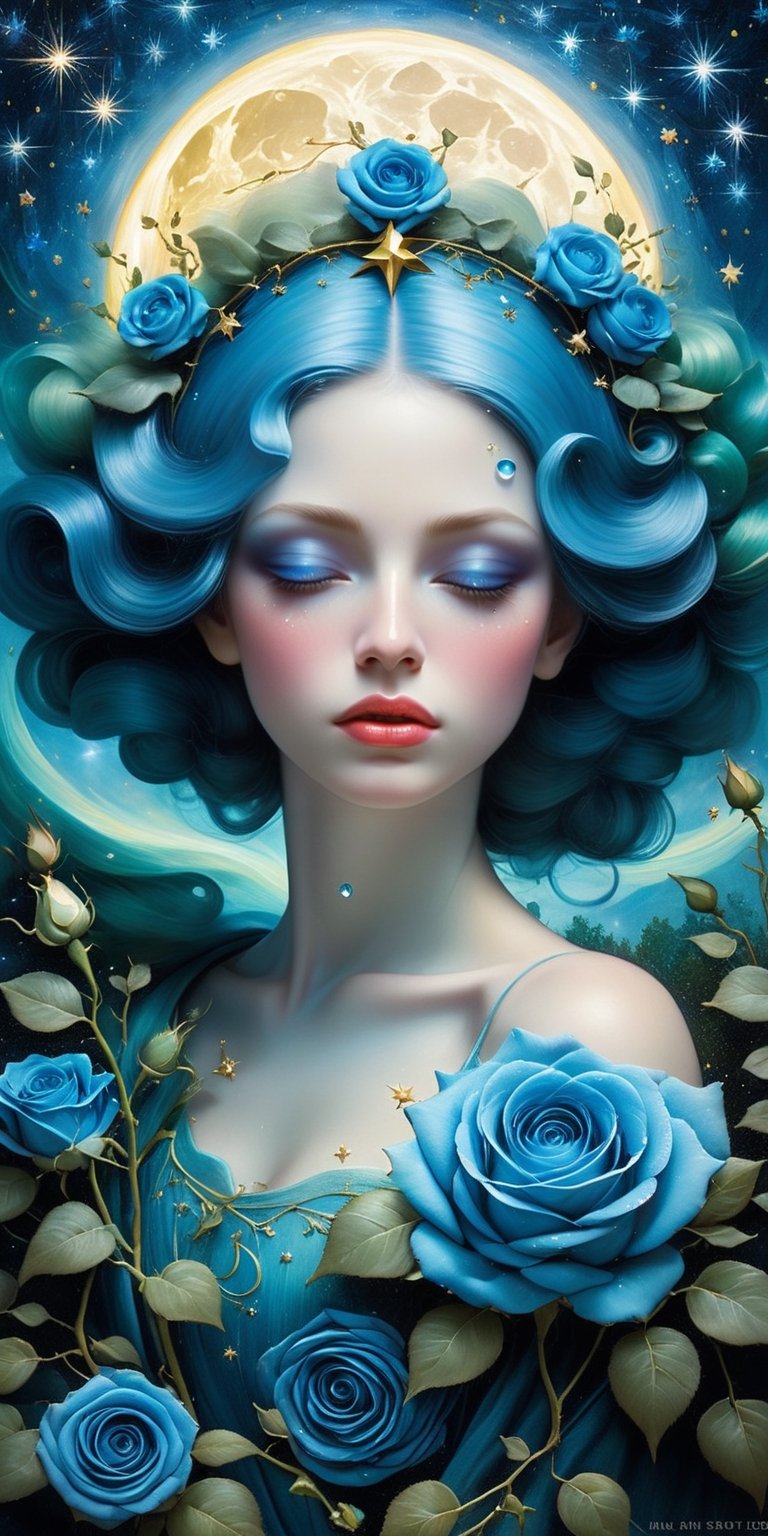 ultra highly detailed, mannerism, surrealism digital painting,   by Marc Todd, Nicoletta Ceccoli, Ray Caesar, WLOP,  close up  half  water transparent luminous  fairy  half blue rose   , swirling blue rose vines,, trees  big blue closed rose flowers, moon, moonlight, detailed night sky with stars and clouds, lavish green leaves,  garden, blossoming,  stars, sparks, Van Gogh starry sky , celestial glowing,  glowing aura,   mystical,  water drops, highly detailed, intricated, intricated pose, complex background ,  oil painting, thick strokes,  mannerism , vibrant colors, masterpiece, high quality, 32k, best quality, , ultra sharp focus