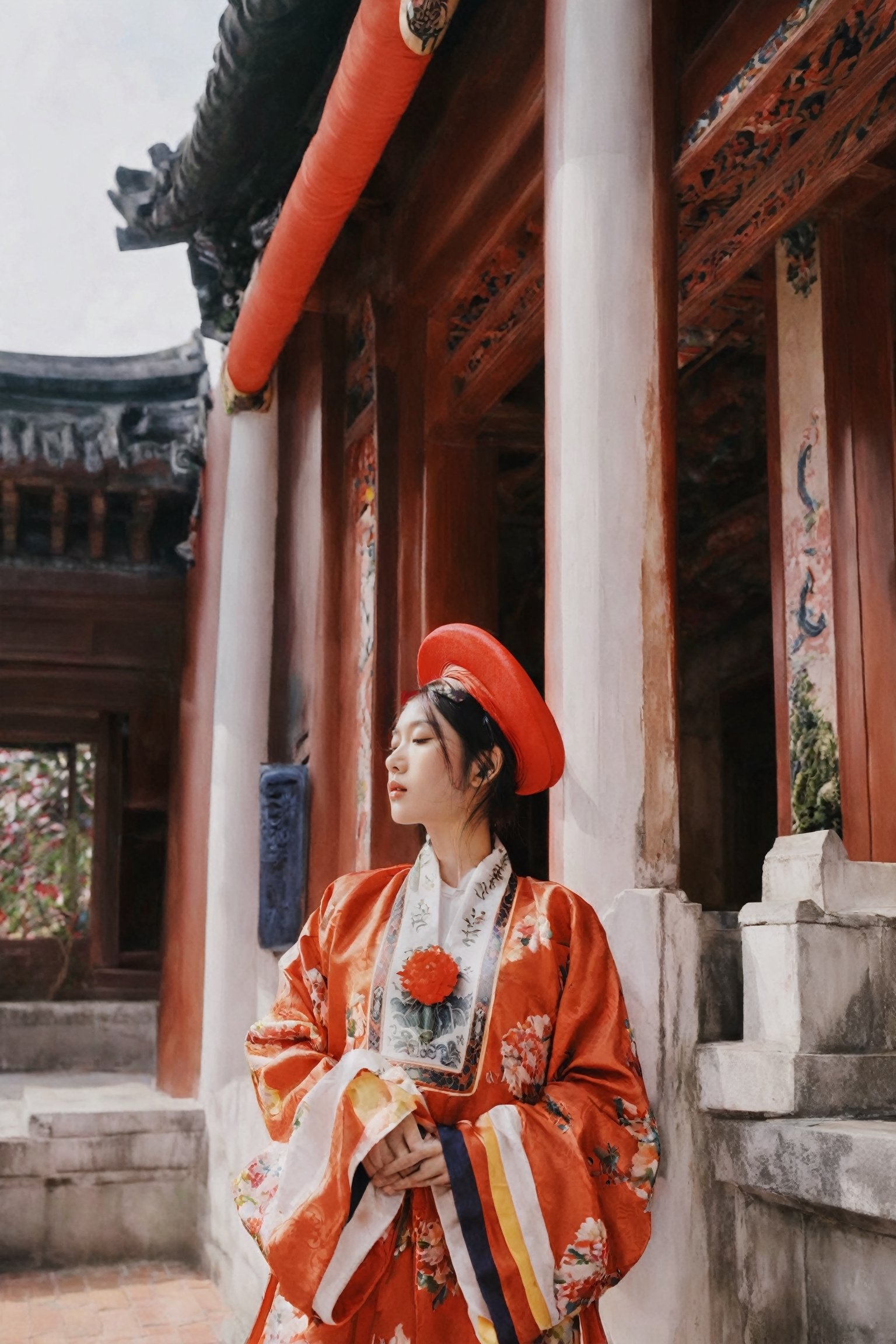 1girl, solo, short hair, black hair, long sleeves, hat, standing, full body, floral print, architecture, east asian architecture, nhat_binh, 