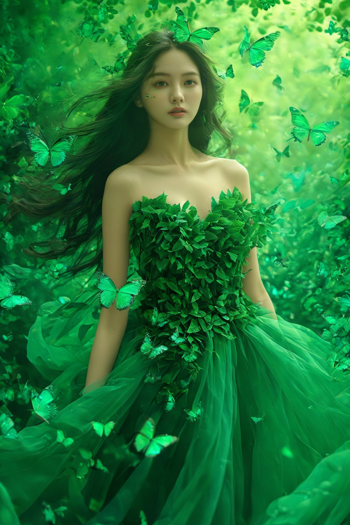 A young woman surrounded by a myriad of vibrant butterflies. She has long, flowing dark hair and is adorned in a gown made of green leaves and fabric. The background is a swirling, ethereal green, creating an enchanting atmosphere. The butterflies vary in color, from turquoise to deep green, and some have intricate patterns on their wings. The woman's gaze is intense and focused, and she seems to be in a serene, otherworldly realm.