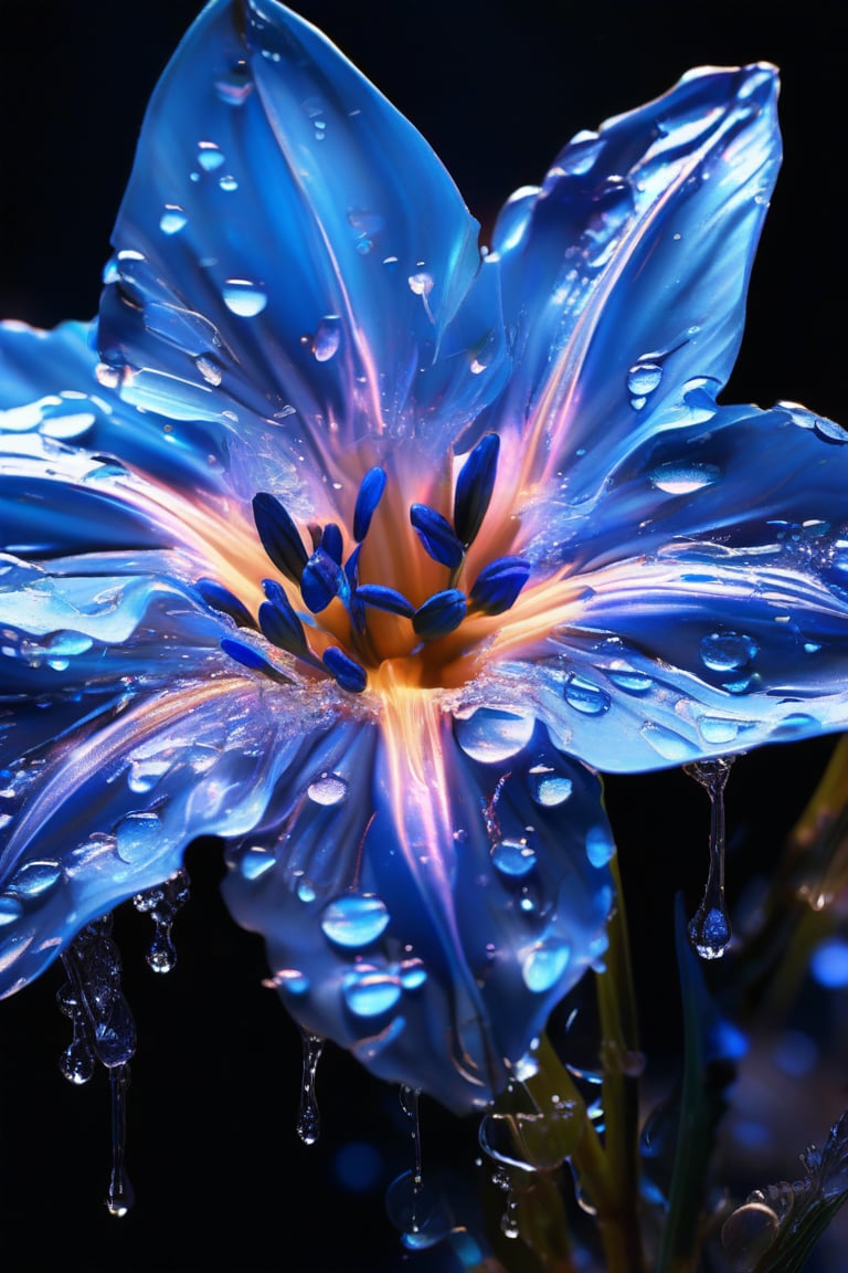 masterpiece, 8k, HDR, best quality, (highly detailed skin), photography, analog style, real life, extremely beautiful, (highly detailed, intricately detailed), (alluring eyes), depiction of a bioluminescent flower with bright, sharp, staring eyes, bluebell's petals attached to water droplets, mimics the texture seen in sculptural artwork, delicate combination of oil and marker lines on cracked epoxy glass, ultra-fine illumination, highly stylized and dramatic, (3D) image