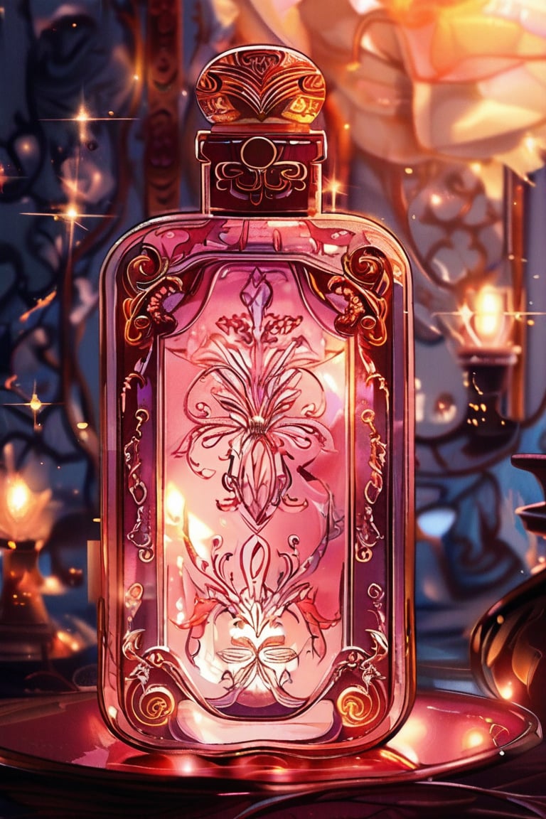 a pink rectangular potion with intricate gold adornment, sparkle, glow
