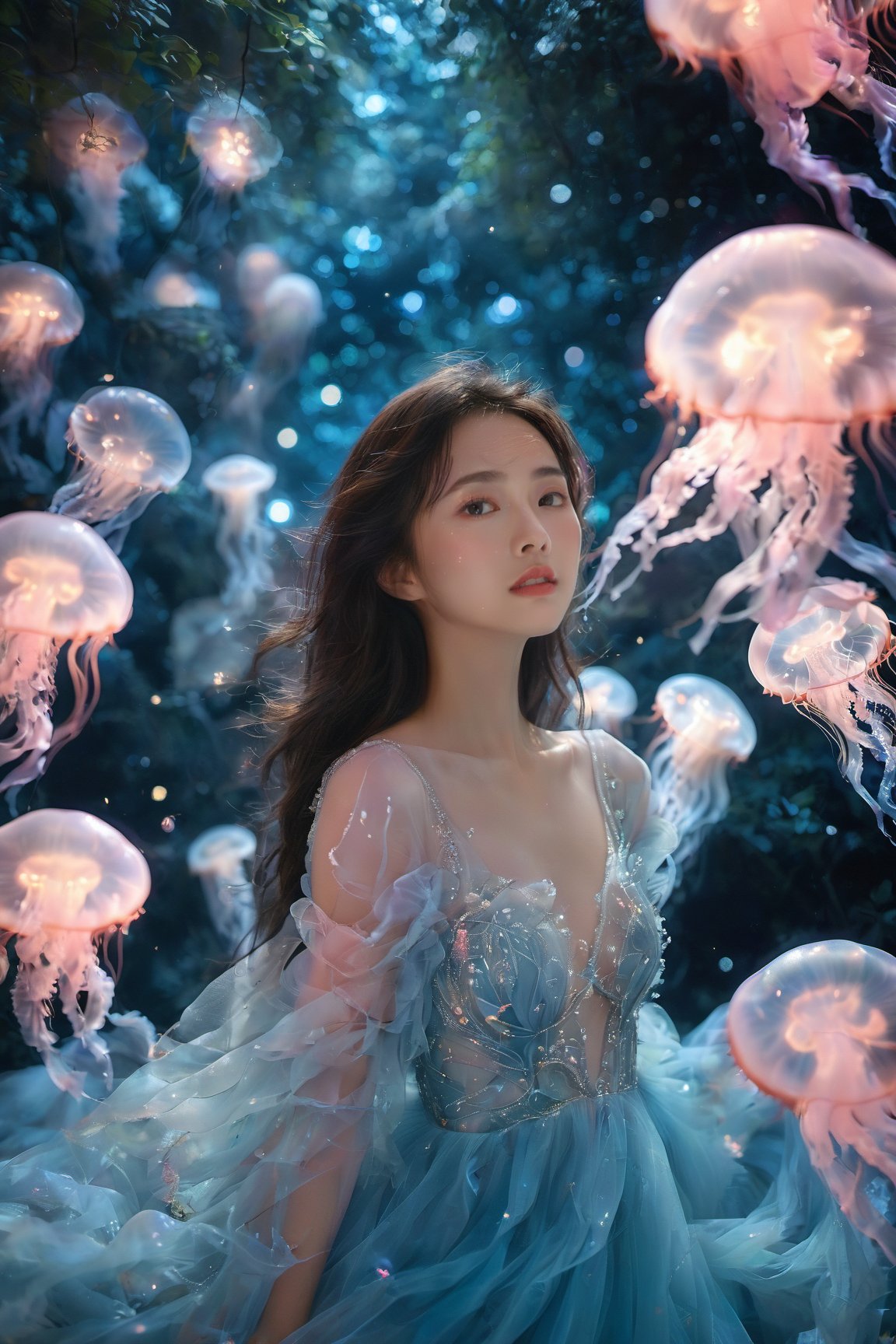 An Asian young woman with long flowing hair, adorned in a delicate midnight blue gown, surrounded by a mesmerizing moonlit meadow environment. She stands amidst a dance of luminescent jellyfish, which glow in hues of pink and blue. The backdrop is a starry sky, punctuated by the soft glow of bioluminescent fireflies and the gentle rustle of grasses. The woman's gaze is distant, as if lost in thought, while the jellyfish float gracefully around her, creating an ethereal and dreamlike atmosphere.