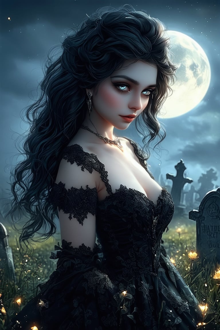 Capture the serene essence of a masterpiece with this stunning high-resolution image. A beautiful young woman with piercing grey eyes and dark, wavy hair with streaks of blue. She wears a flowing black gothic dress with lace and metal accessories. The serene field is replaced by a moonlit graveyard with fog and old tombstones. Her gaze meets the viewer's, inviting contemplation amidst the eerie backdrop.