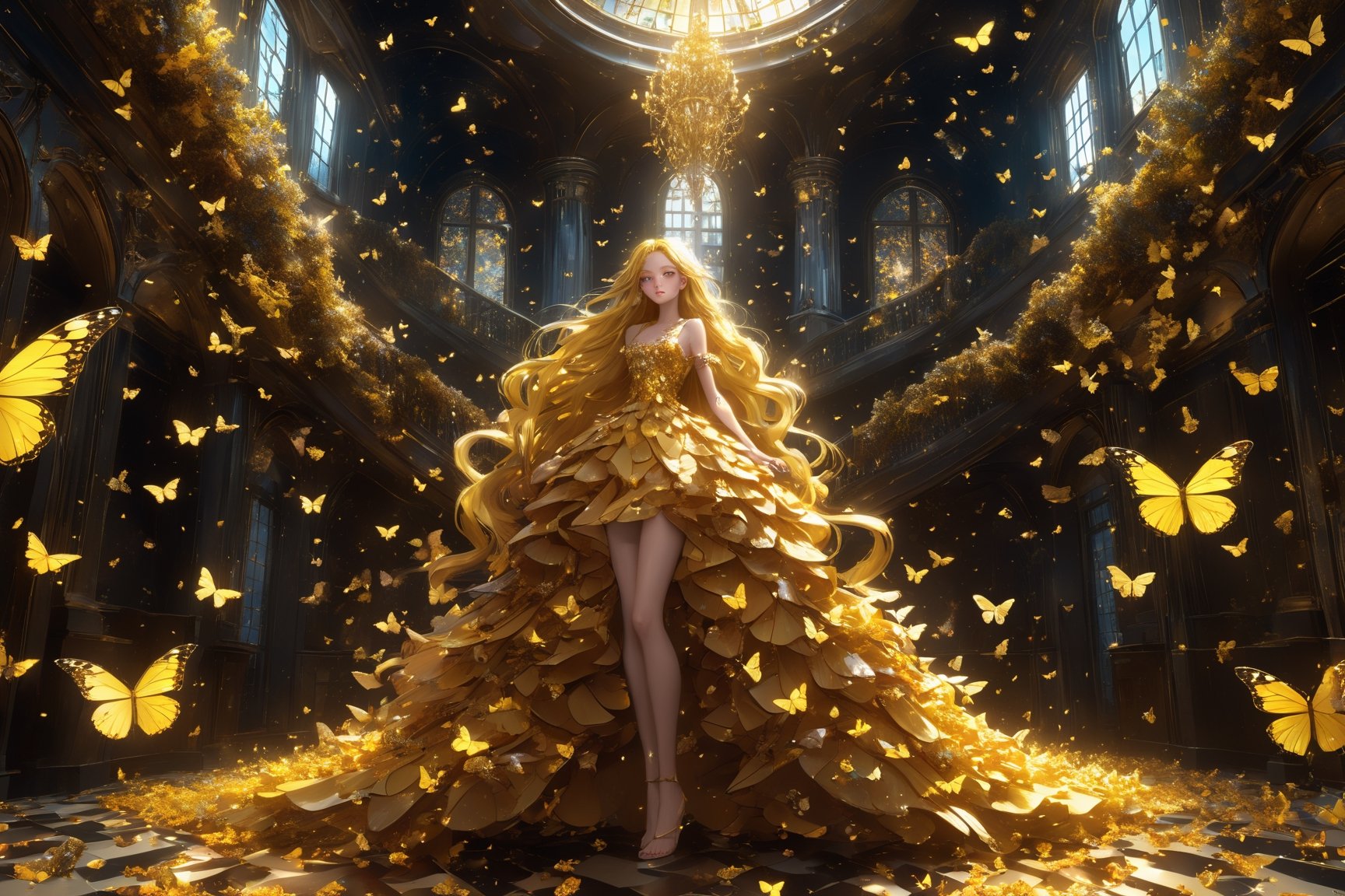 long huge flowing gold hair, yellow eyes. dressed in a cosmic dress made of butterflies. standing in a room made of butterflies. Stylish. Cute, hot, shiny. highly detailed, uhd anime wallpaper, digital cel animation