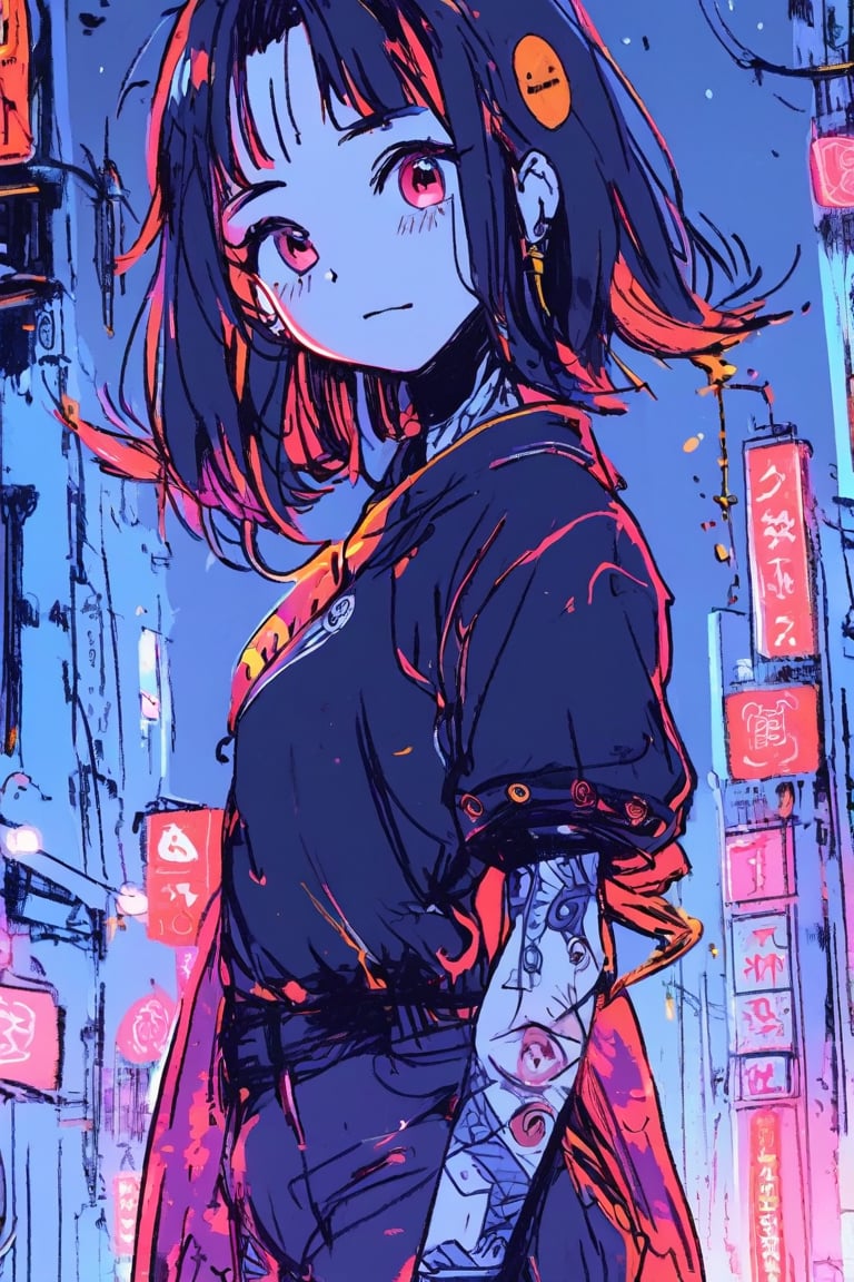 1girl, anime, cyberpunk, vibrant cityscape, glowing tattoos