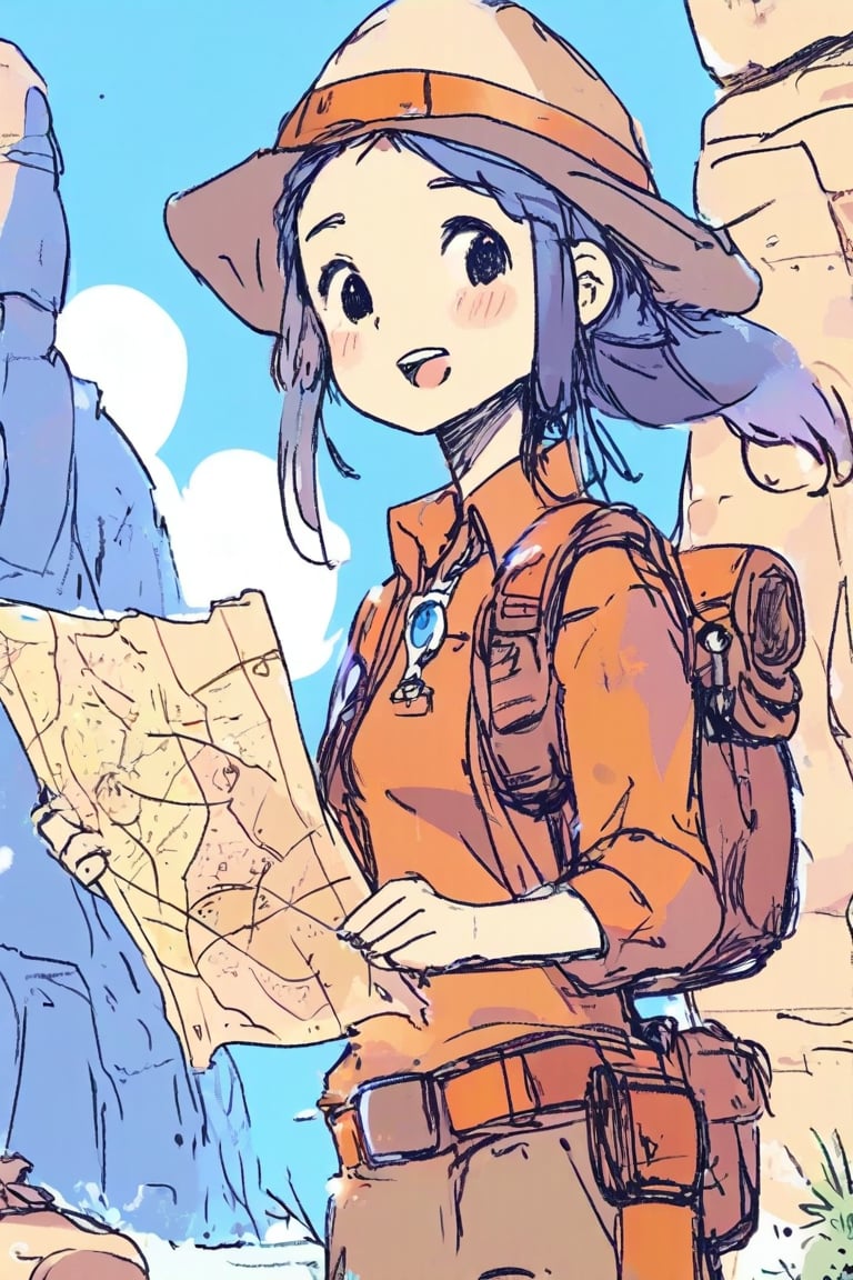 1girl, anime, archaeologist exploring ancient ruins, wearing a safari outfit, holding a map, examining artifacts, excited expression, detailed ruins, soft natural light, intricate background, adventurous atmosphere, vibrant colors, masterpiece
