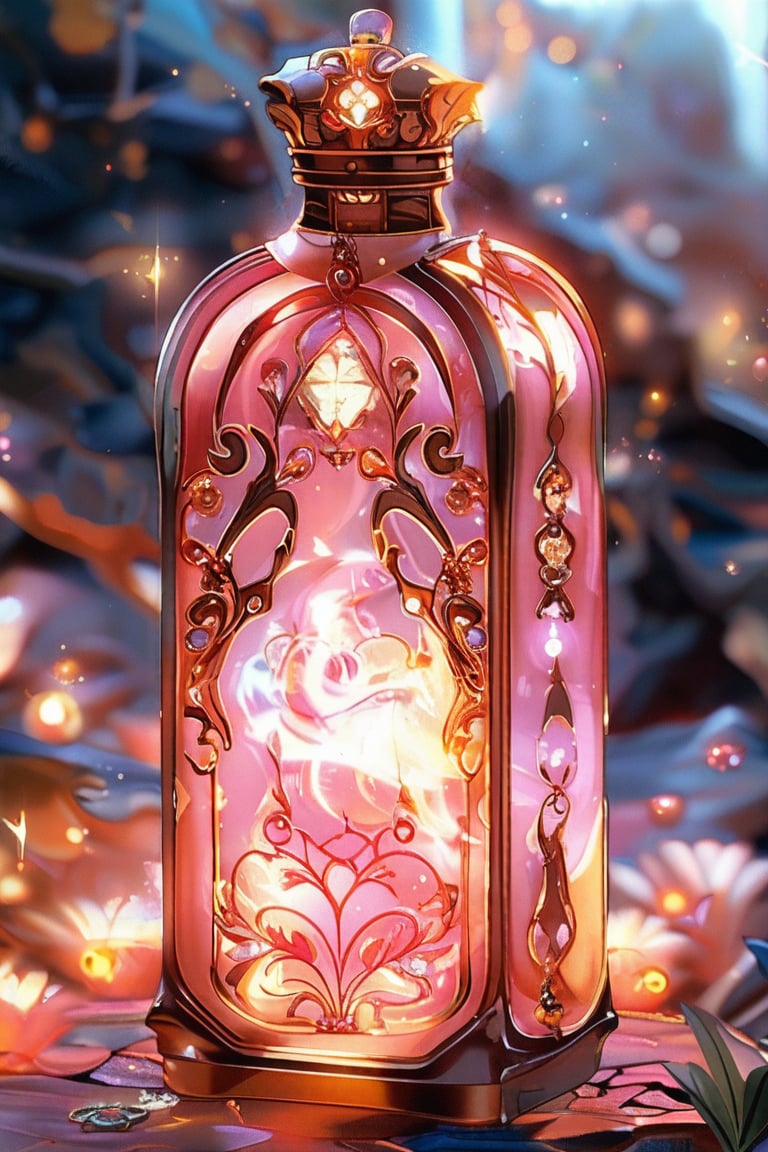 a pink rectangular potion with intricate gold adornment, sparkle, glow
