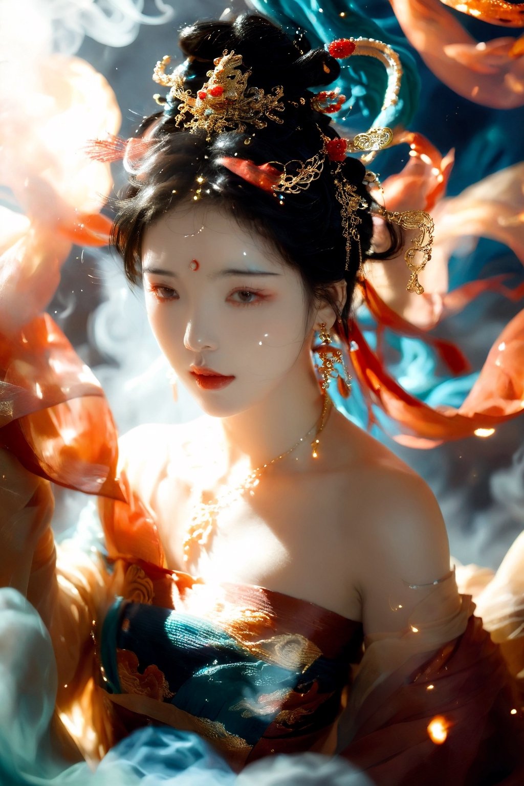 1girl, solo, looking at viewer, black hair,  bare shoulders, jewelry, standing, earrings, necklace, light particles, shawl, red lips, dunhuang, smoke,dunhuang