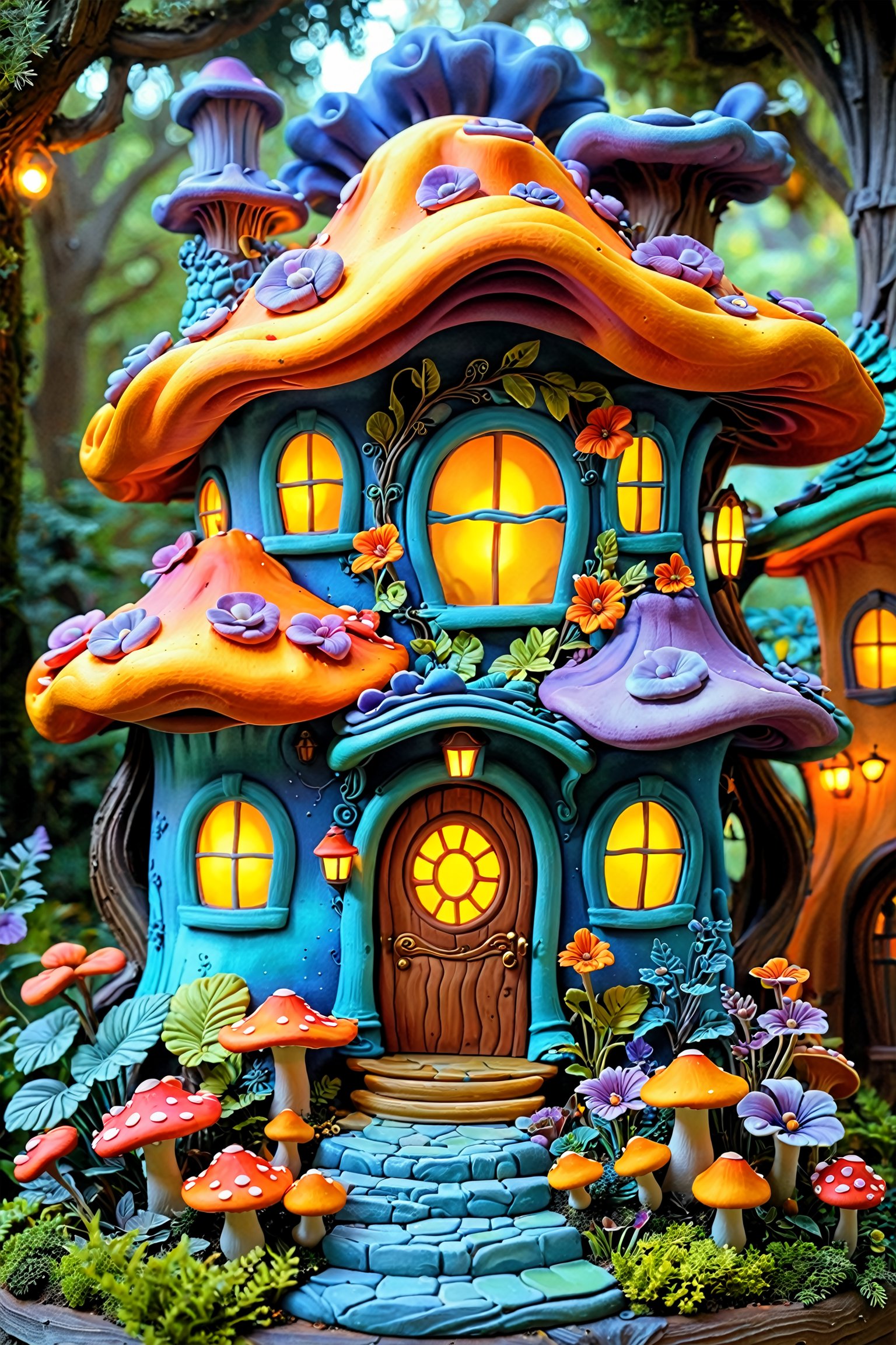 A whimsical, intricately designed house with a blue facade. The house features a large, wavy roof in shades of orange and purple, and it's adorned with various floral patterns, including flowers and leaves. There are four windows with glowing yellow lights from within. The entrance has a wooden door with a circular window. Surrounding the house are vibrant trees and plants in shades of blue, orange, and green. A large mushroom with a red cap stands to the right of the house. The entire setting gives off a fairy-tale, enchanted forest vibe. clay,clay