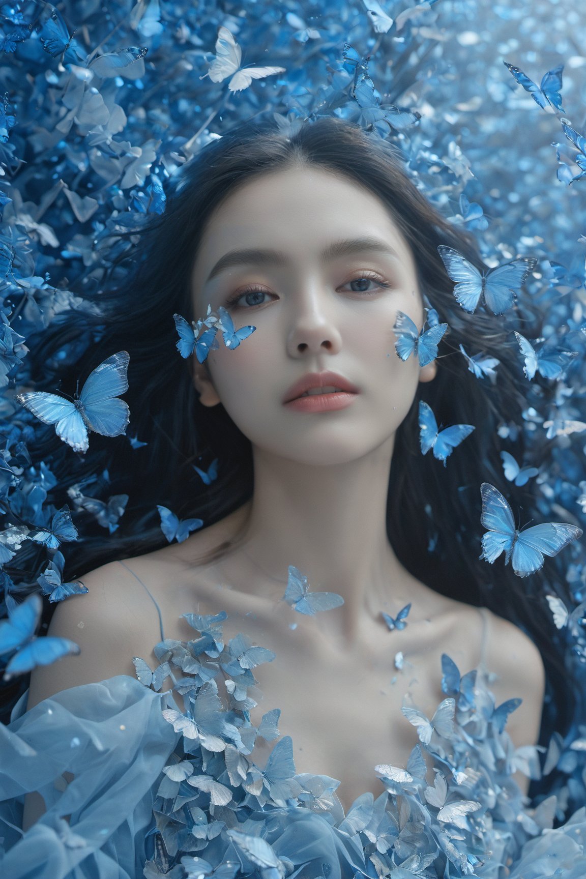 A young woman with her eyes closed, surrounded by a myriad of delicate butterflies. She is adorned with shimmering silver leaves that seem to emanate from her body, giving her an ethereal appearance. The backdrop is a blend of soft blues and whites, creating a dreamy ambiance. The butterflies are scattered around her, some hovering close to her face, while others flutter in the distance.,xxmixgirl