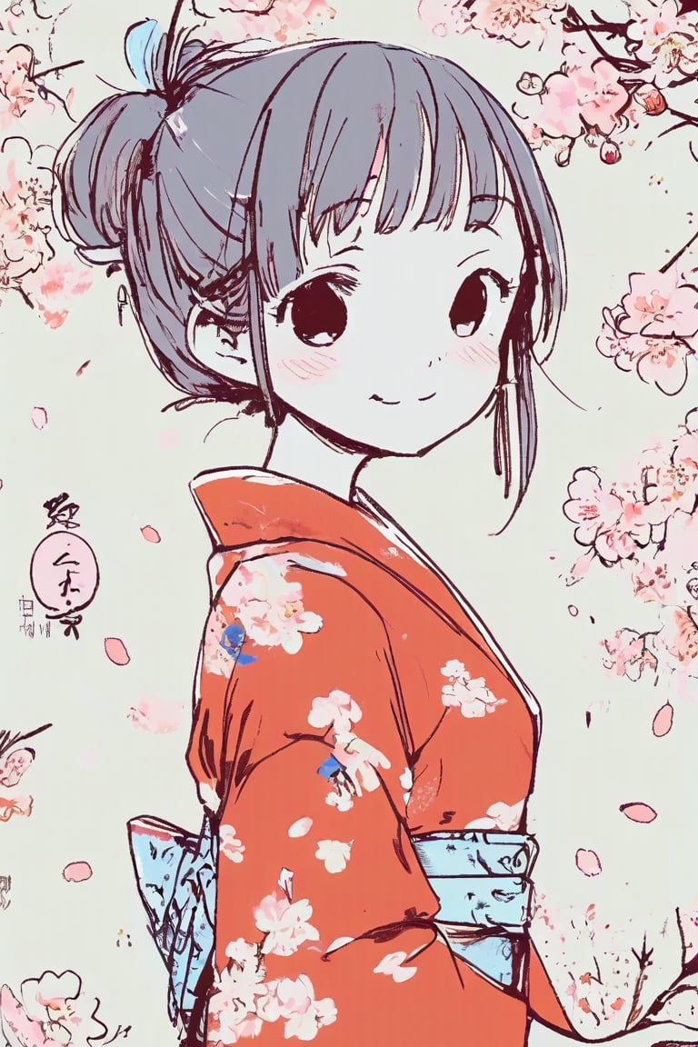 girl, anime, traditional kimono, cherry blossoms, serene garden