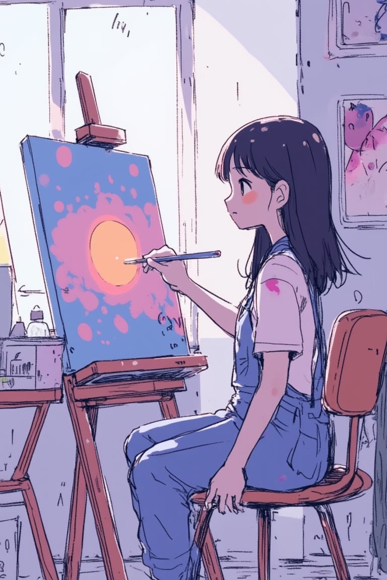 1girl, anime, painting a beautiful canvas in an art studio, wearing overalls and a paint-splattered shirt, easel and various art supplies around her, large window with natural light