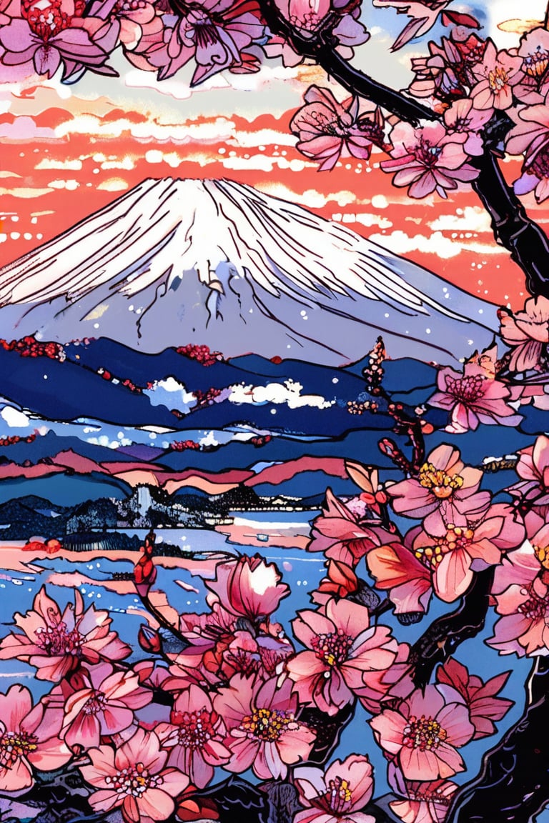 A tranquil scene of Mount Fuji during cherry blossom season, with delicate pink petals floating in the air, in the style of Vincent van Gogh, using a vibrant color palette of soft pinks, cool whites, and deep blues with swirling, textured brushstrokes. Artists: Vincent van Gogh, Katsushika Hokusai, Utagawa Hiroshige.