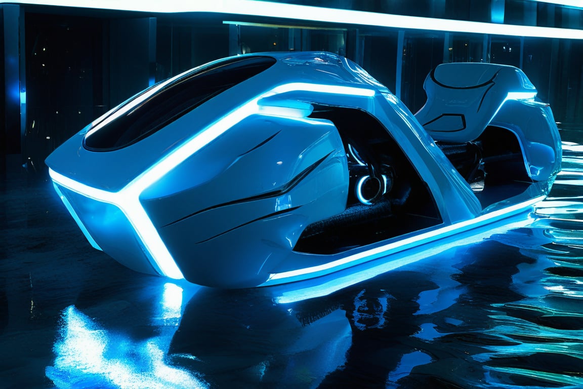 photorealistic image, masterpiece, high quality 8K, of a futuristic ((sci-fi large super motocycle), (((submerged in the sea))), Tron legacy, white and blue neon lights, good lighting, at night, sharp focus