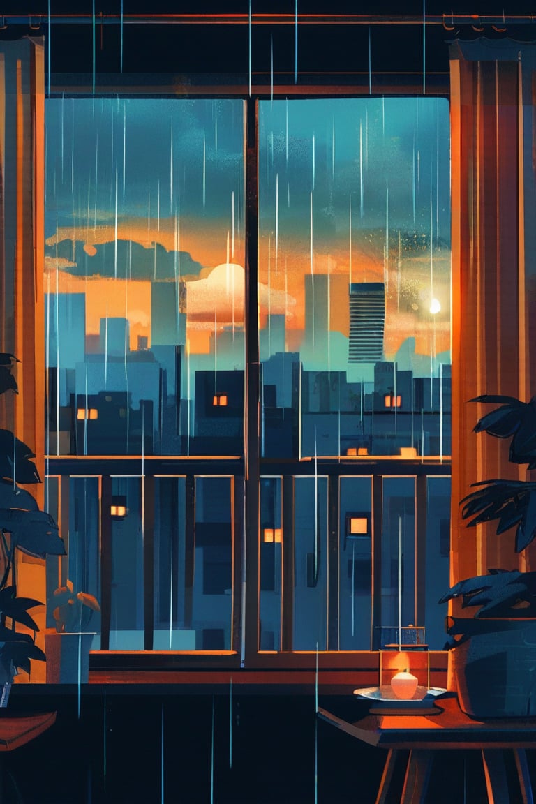 A flat 2D scene of a rainy day from the perspective of an indoor window, showing the blurred cityscape outside, raindrops on the glass, and a warm, inviting interior.