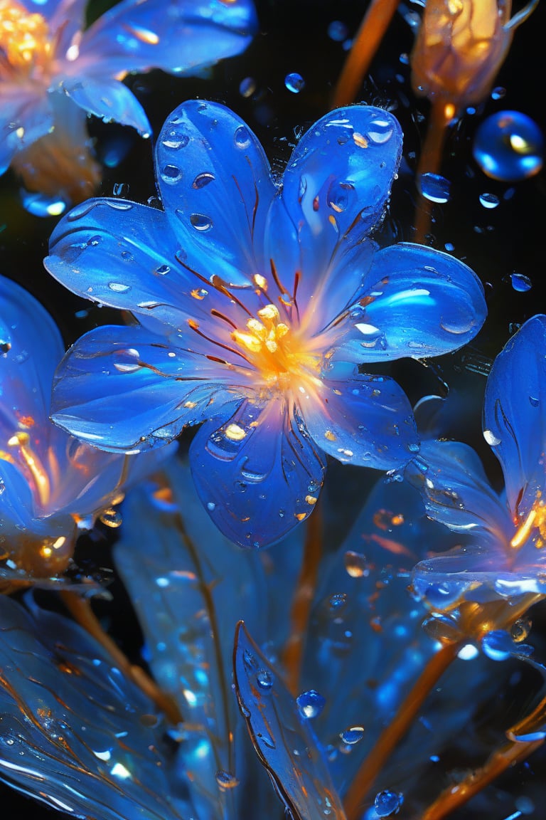 masterpiece, 8k, HDR, best quality, (highly detailed skin), photography, analog style, real life, extremely beautiful, (highly detailed, intricately detailed), (alluring eyes), depiction of a bioluminescent flower with bright, sharp, staring eyes, bluebell's petals attached to water droplets, mimics the texture seen in sculptural artwork, delicate combination of oil and marker lines on cracked epoxy glass, ultra-fine illumination, highly stylized and dramatic, (3D) image