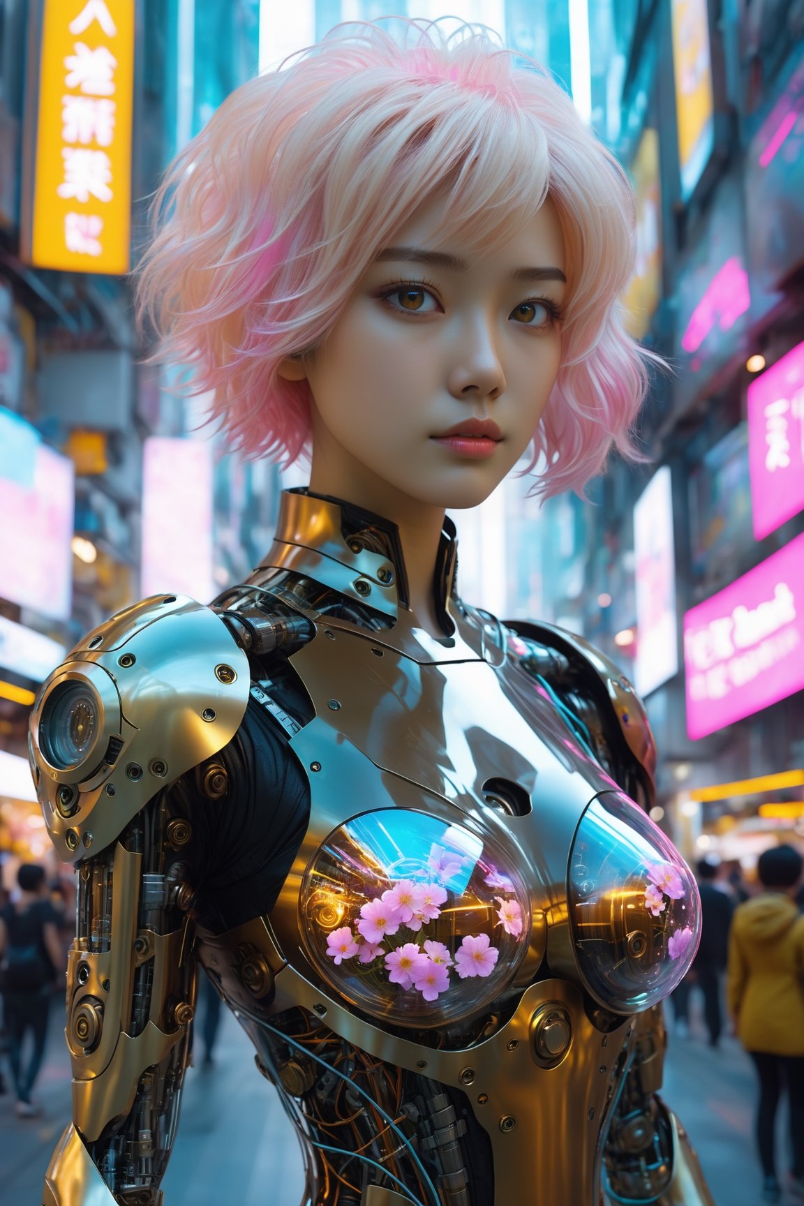 HONG KONG Girl ((September Ai)) ,  short messy hair, 

Imagine a beautiful cyborg with a translucent glowing glass body with pink flowers and clockwork completely visible through her translucent glass body walking through a futuristic city, flowy hair, fantasy, work of beauty and complexity, 8k UHD, hyperdetailed ultrarealistic face, hazel eyes ,cyborg style, glowing translucent glass, amber glow,steampunk style, glass body, 80mm digital photo , wide_hips, translucent seethrough glass like body,Leonardo Style,cyberpunk style
