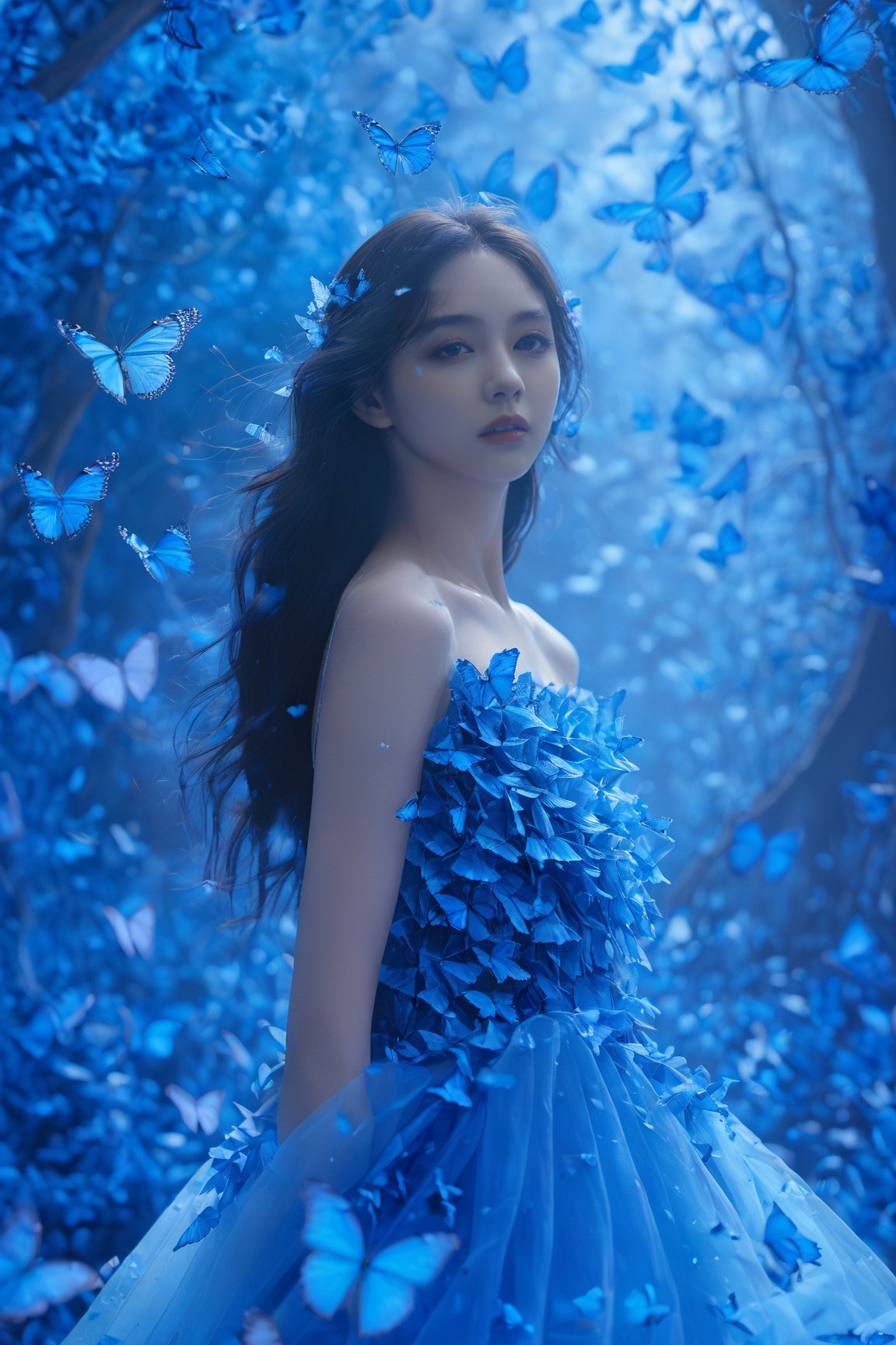 A young woman surrounded by a myriad of vibrant blue butterflies. She is adorned in a gown that mirrors the hues of the butterflies, with intricate patterns and embellishments. The backdrop is a mesmerizing blue forest, illuminated by a soft, ethereal light. The woman's gaze is distant, and her hair flows freely, suggesting a sense of freedom and wonder.