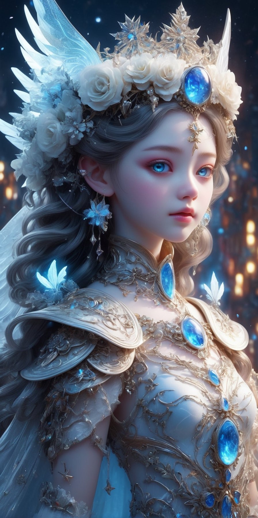 ultra Realistic, Extreme detailed, 1 girl, 12years old,Goddess of Light,transparent respirator on facethe crown is silverr,girl has blue eye,star-shaped pupils,sparkling eyes, (Flower Bride), (Wings that pulsate with neon lights,
alabaster skin,
Christmas Fantasy World,DonMSn0wM4g1cXL,shiny