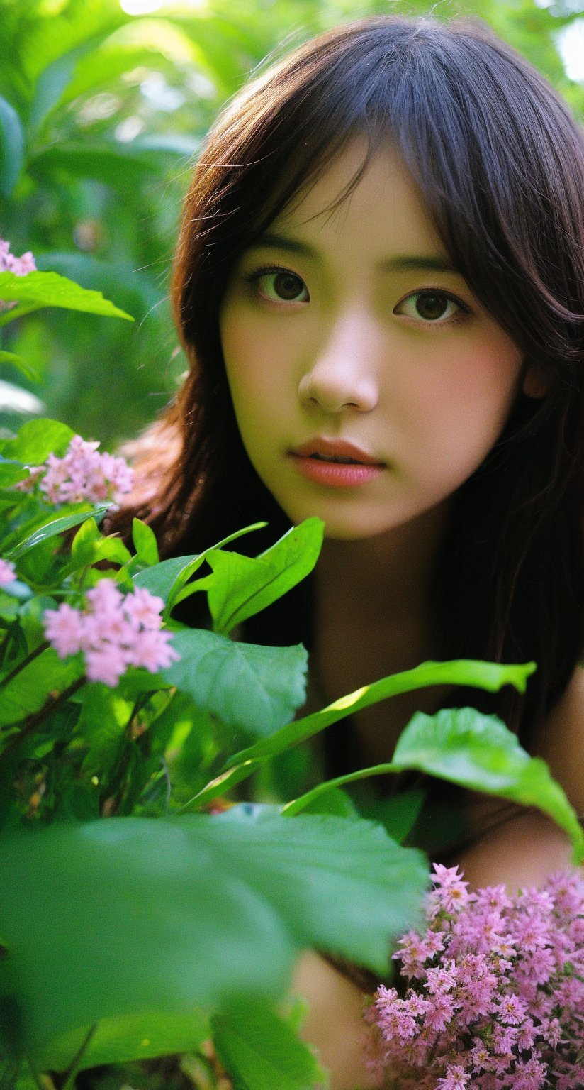 A photorealistic close-up of a single girl looking directly at the viewer from amidst a lush garden backdrop. Her gaze is intense and intimate, as if sharing a secret or inviting the audience to step into her dreamlike world. Vibrant flowers surround her, their colors blending with the soft focus of her skin, creating a sense of depth and dimensionality.