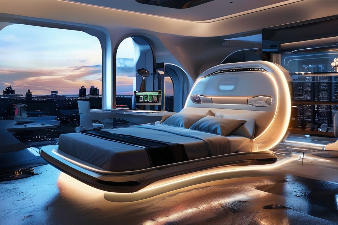 masterpiece, top quality, best quality, official art, beautiful and aesthetic, extreme detailed, an automated bed with adjustable settings and built-in lighting, futuristic curves and smooth, soft materials, placed in a high-tech bedroom with a panoramic window