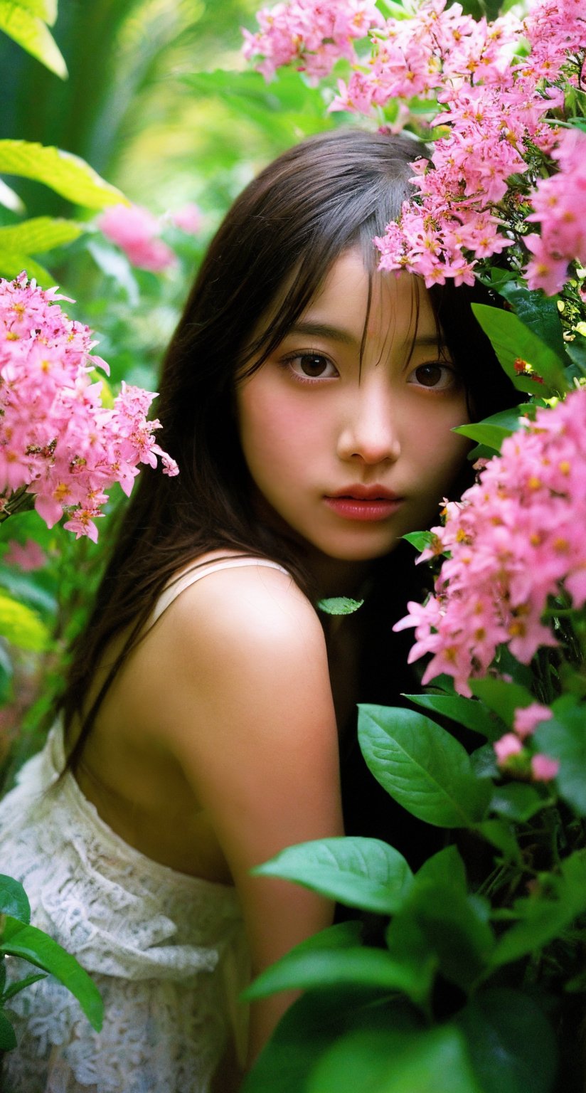 A photorealistic close-up of a single girl looking directly at the viewer from amidst a lush garden backdrop. Her gaze is intense and intimate, as if sharing a secret or inviting the audience to step into her dreamlike world. Vibrant flowers surround her, their colors blending with the soft focus of her skin, creating a sense of depth and dimensionality.